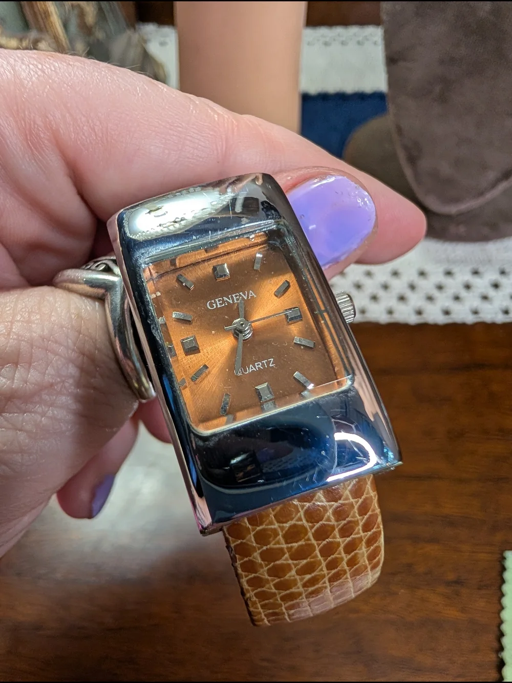 Geneva Silver-Tone Watch Orange Dial and Brown Leather Hinged Cuff Strap